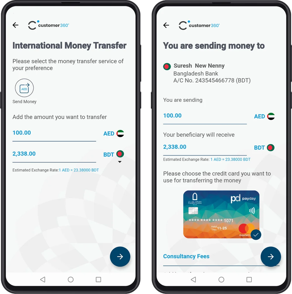 Two Customer 360 screens: an international money transfer quoting a live exchange rate, and the confirmation step with a saved card selected.
